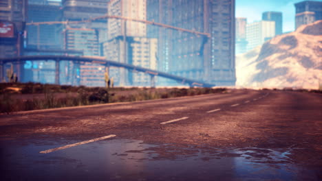 urban landscape meets desolate highway in a futuristic world