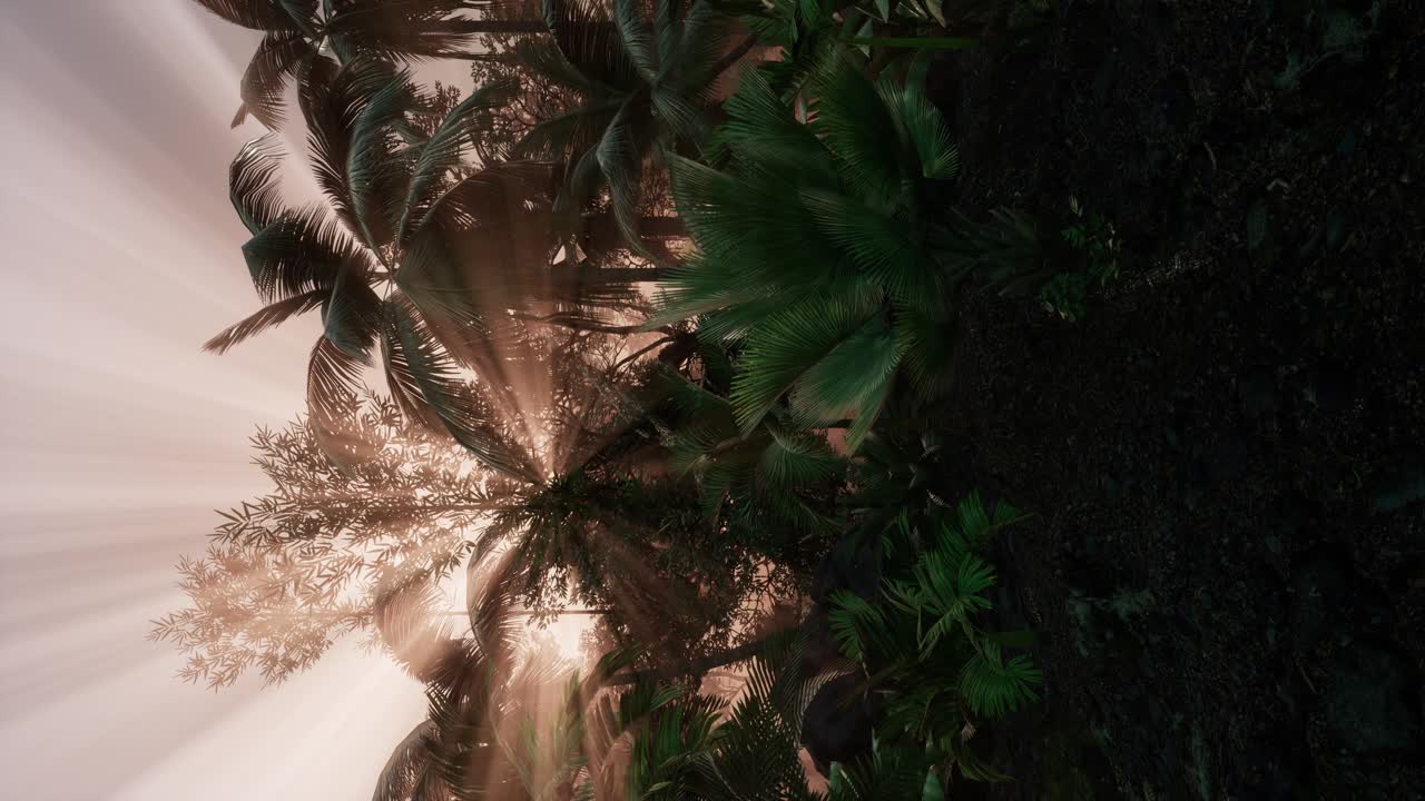 vista del bosque verde tropical con llamaradas solares por la mañana