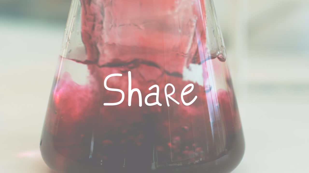Animation of share text over beaker with liquid in lab