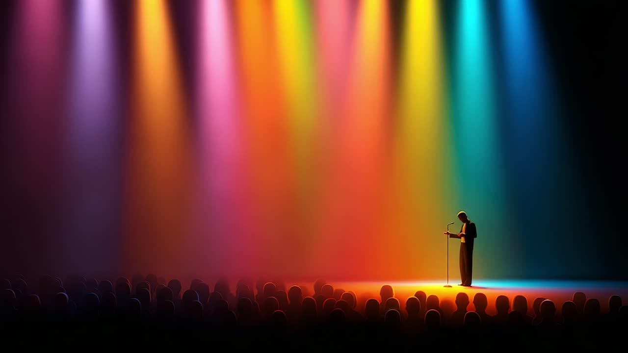 A Solo Performer Beneath Colorful Stage Lights Captivating an Engaged Audience in a Dramatic and Vivid Atmosphere of Entertainment and Artistic Expression