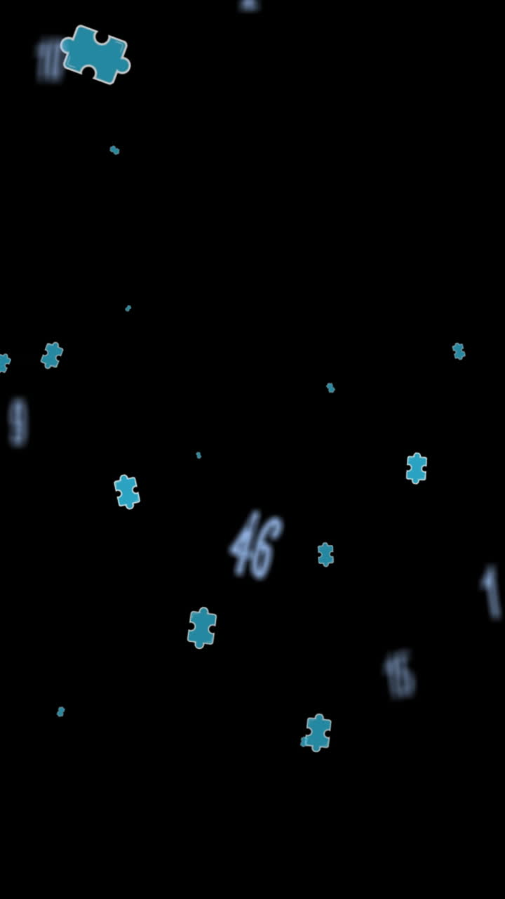 animación de rompecabezas azules y números flotando sobre fondo negro
