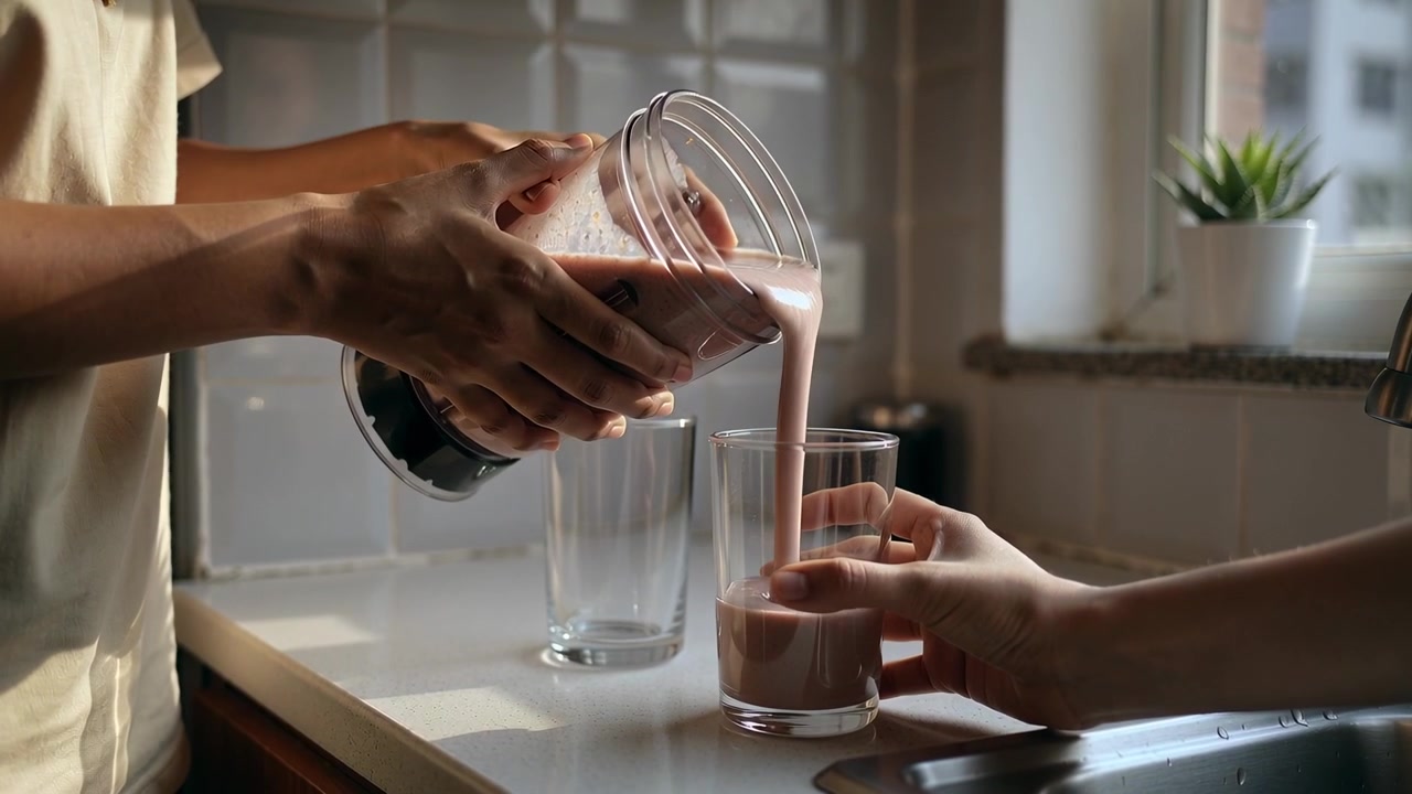 Pessoa à esquerda despejando copo de liquidificador na pia de casa enquanto a mão direita segura o copo, para vitamina