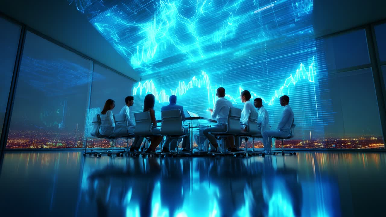A group of professionals engage in a high-tech meeting featuring dynamic data visualizations, emphasizing collaboration and innovative decision-making in a modern conference room