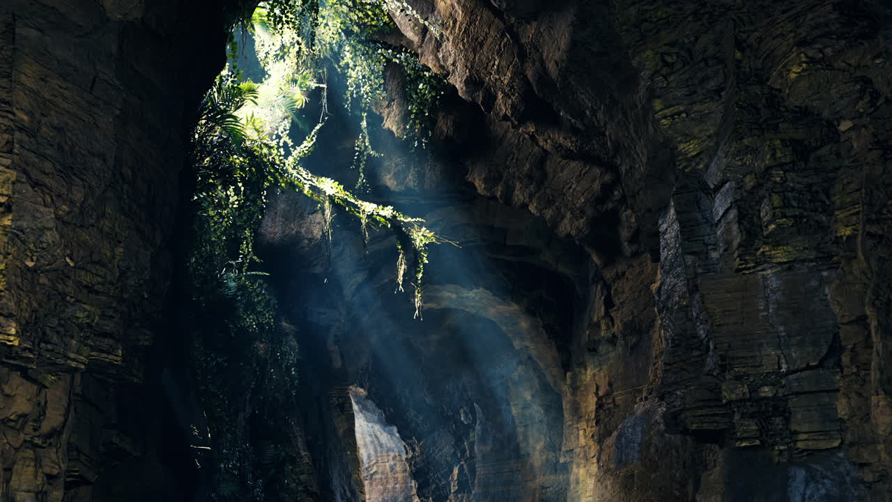 Light filters through a lush cave revealing natures hidden wonders