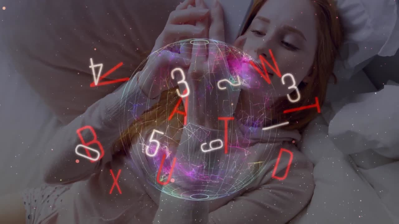 animación de globo y letras sobre una mujer de negocios caucásica que usa un teléfono inteligente