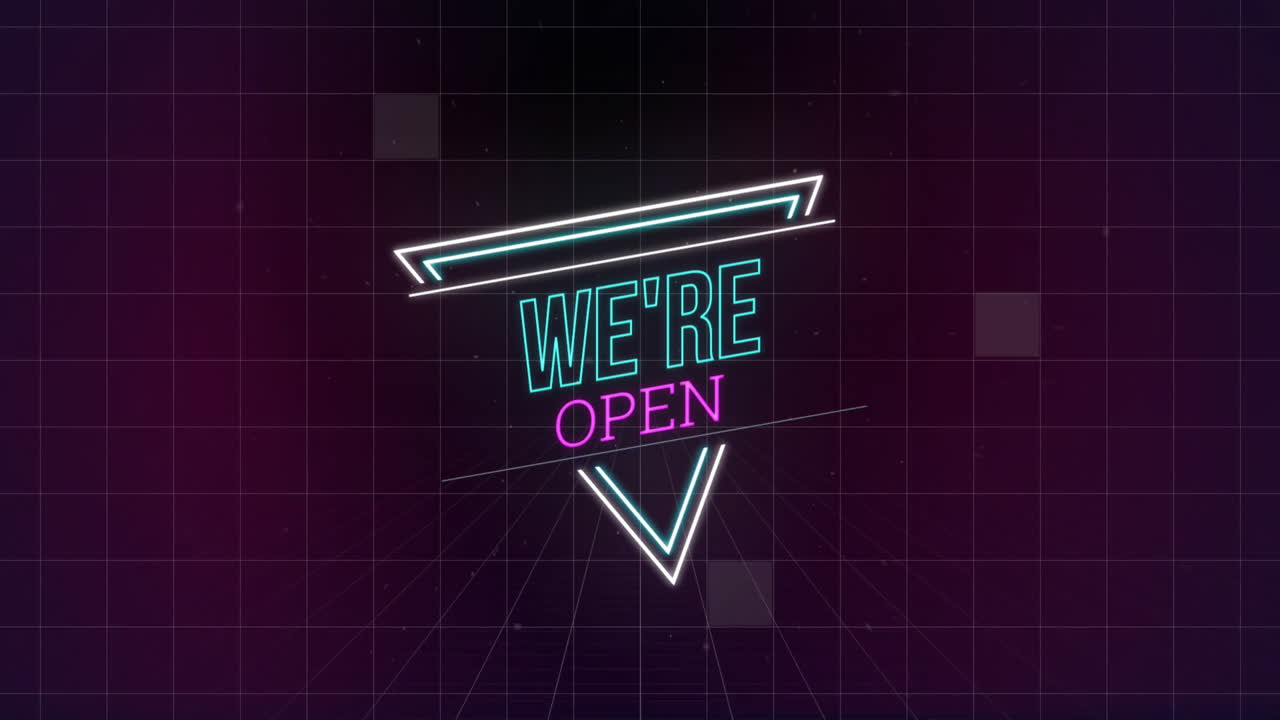 Animation of we're open neon text over neon on black background
