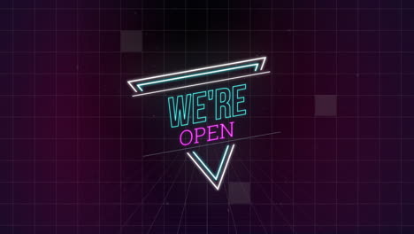 animation of we're open neon text over neon on black background