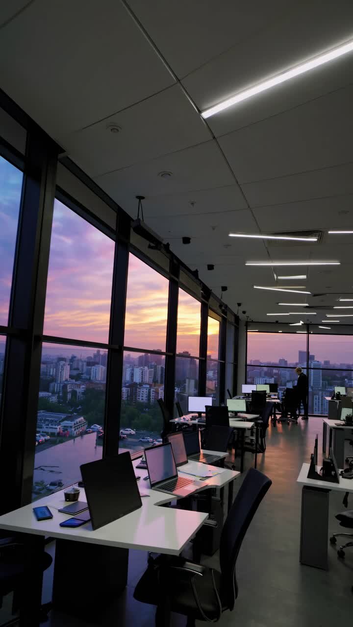Toma panorámica de una oficina moderna con grandes ventanales que muestran una puesta de sol