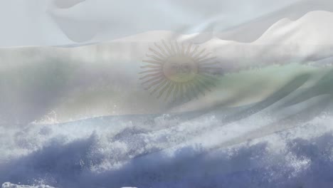 animation of flag of argentina blowing over waves in sea