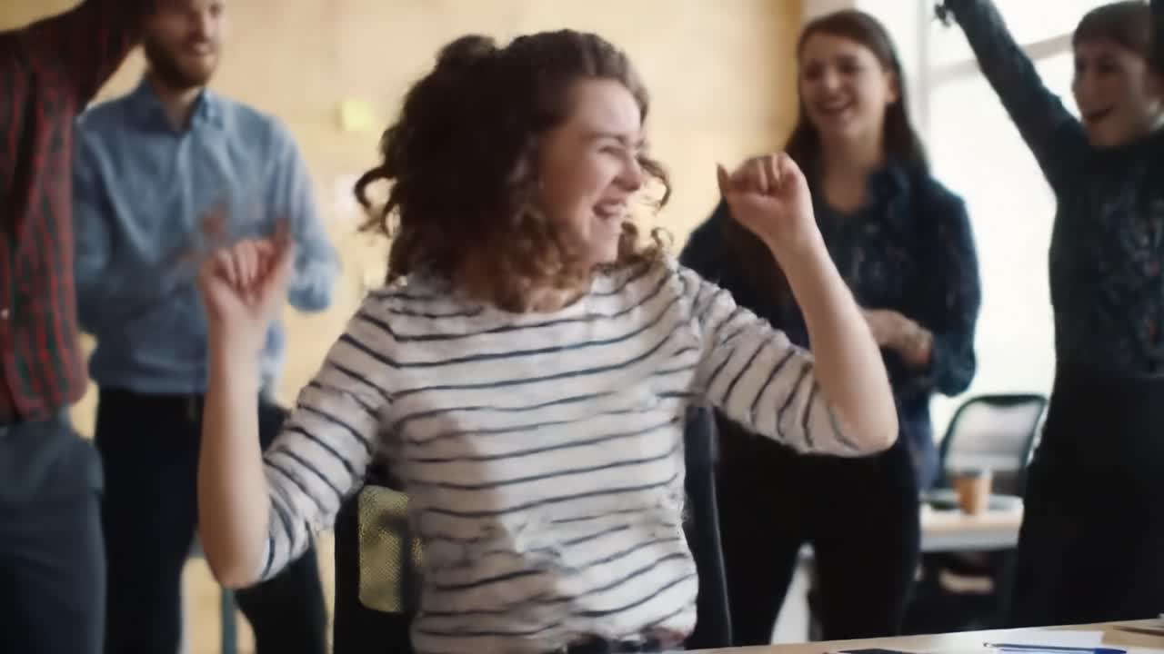 Group members celebrate a recent achievement in a vibrant office. Their energetic dancing and happy expressions highlight a positive work environment and strong team spirit.