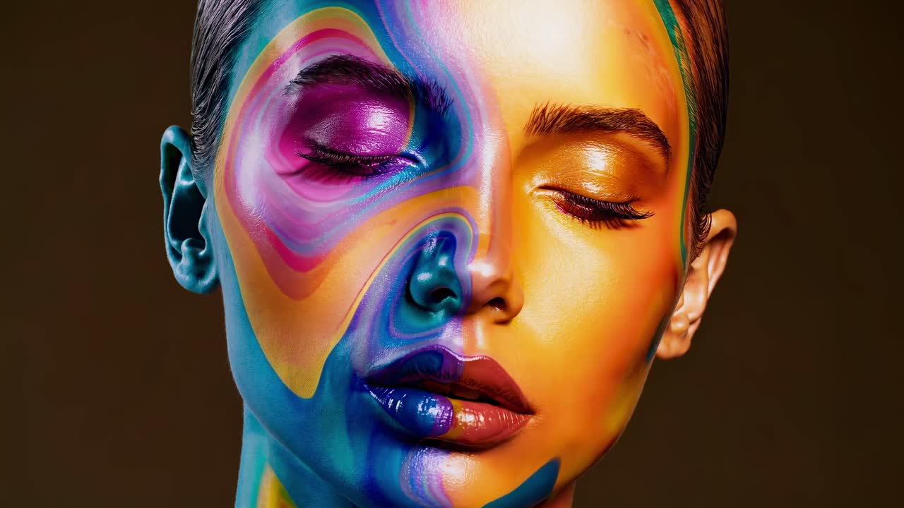 Colorful abstract portrait featuring a model with closed eyes, purple lips, and vibrant body painting in shades of blue, purple, yellow, and orange