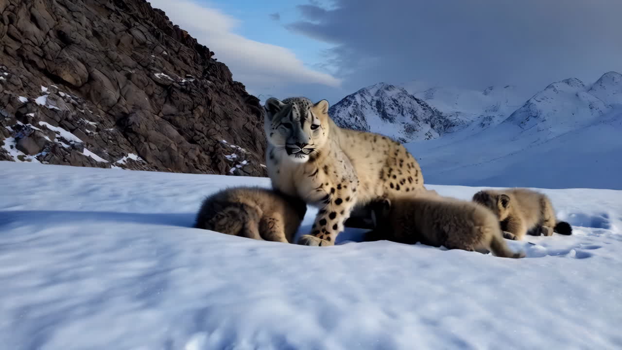 A Snow Leopard with its Cubs in a Snowy Mountain Landscape
