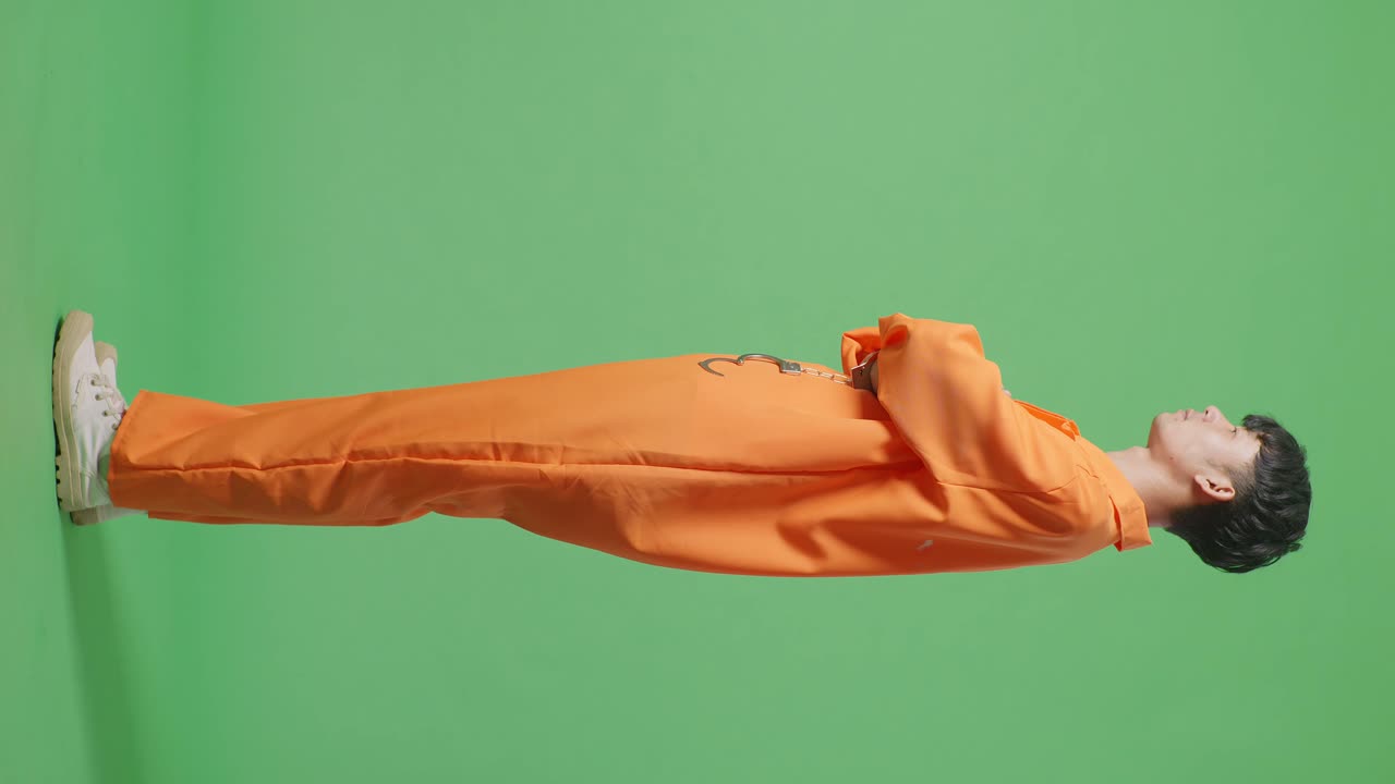 녹색 스크린 배경에 서서 머리를 들고 팔을 교차하고 카메라를 바라보는 어진 수갑을 입은 아시아 남성 수감자의 전체 측면 시각