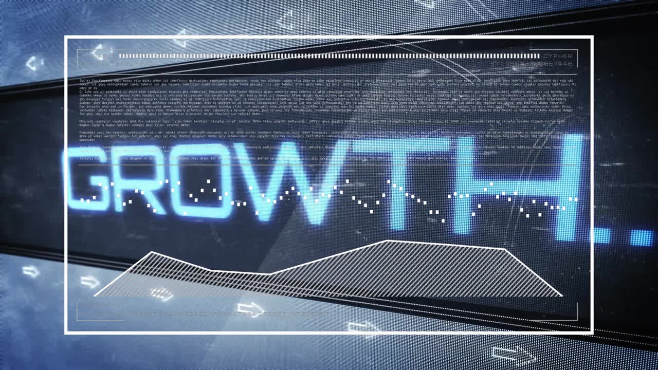 Animation of text with data processing over dark background