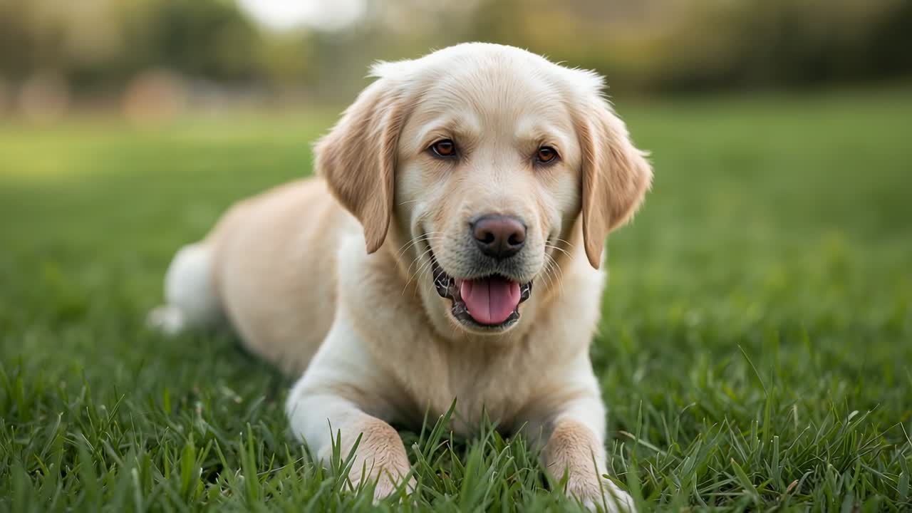 Panting golden retriever puppy resting on lawn, shifting as jogger passes in shorts and sneakers