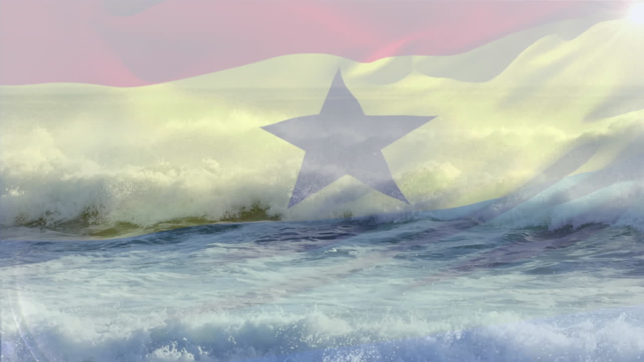 composición digital de ondear la bandera de ghana contra las olas en el mar
