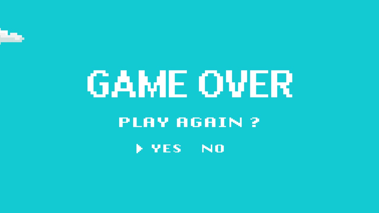 Animated Pixel Art Game Over Screen with Play Again Prompt