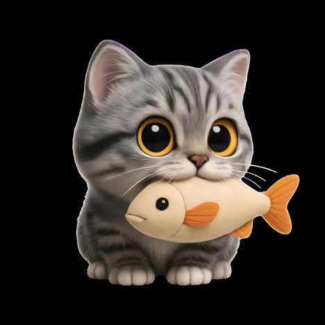 cute kitten holding fish toy animation isolated asset, transparent 4k video, alpha channel, prores