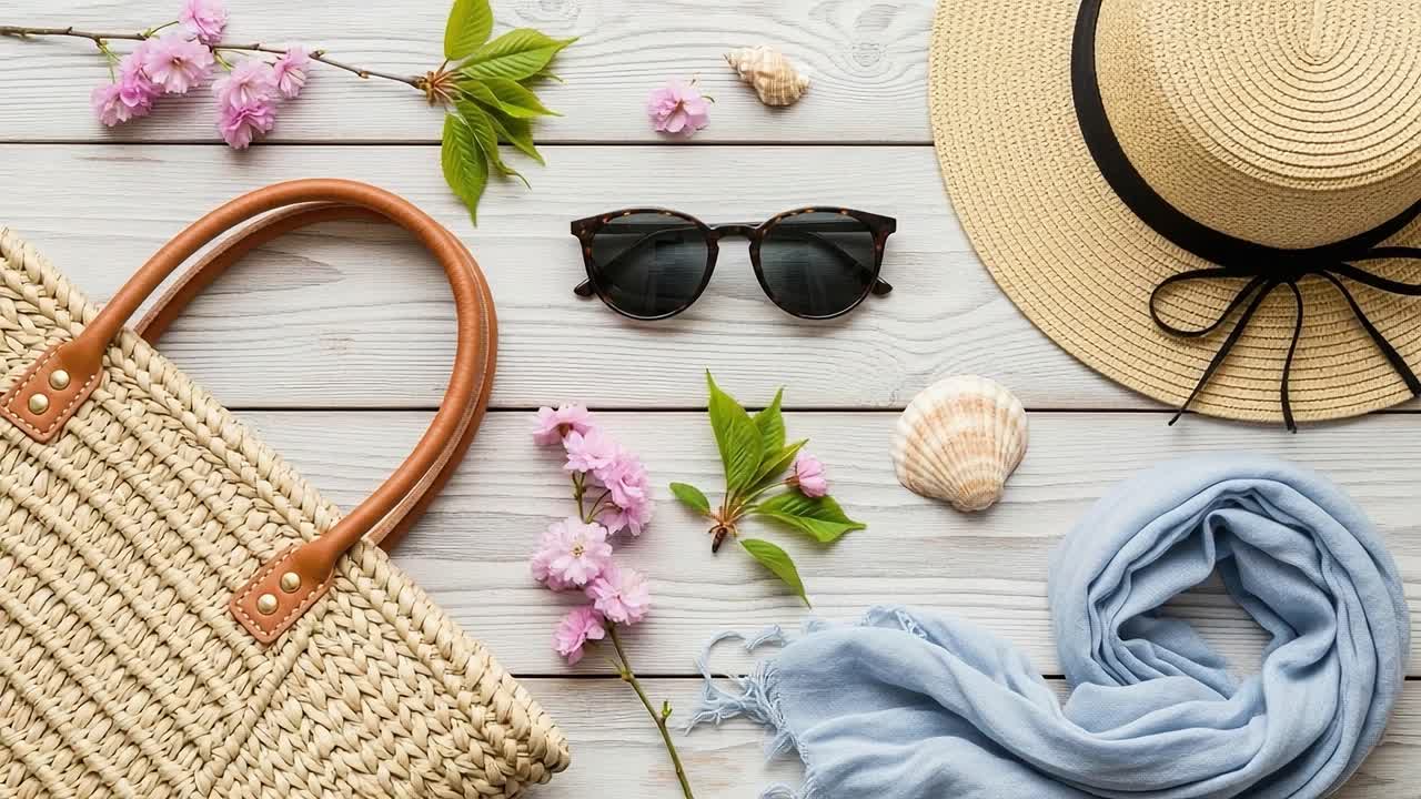 Elementi Essenziali per l'Estate in Flat Lay: Accessori Moda tra cui Occhiali da Sole, un Cappello di Paglia, una Borsa Intrecciata e Accenti Floreali su uno Sfondo di Legno Chiaro