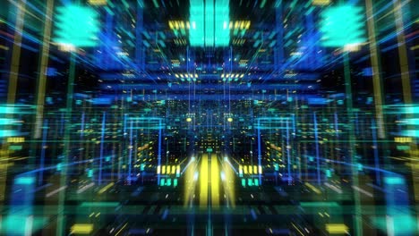 volando a través de datos digitales de hologramas de matriz abstractos tecnológicos.