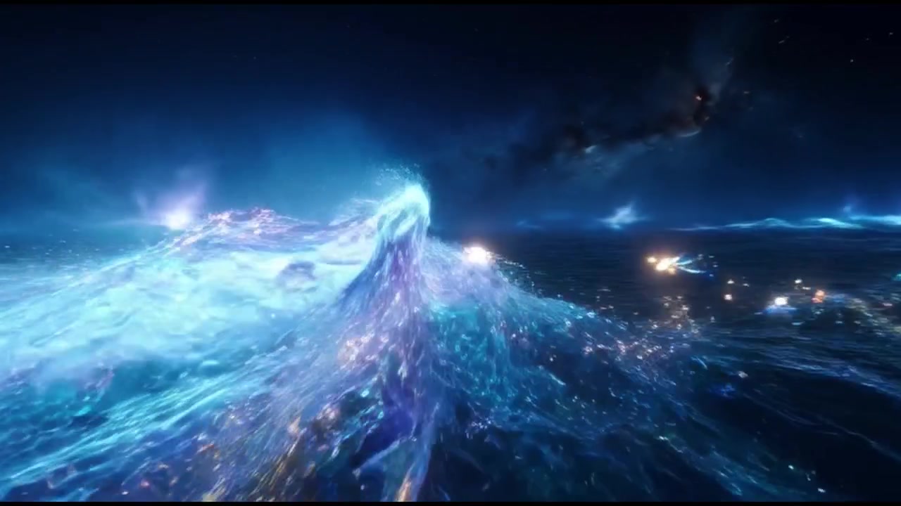 Surreal Glowing Ocean Waves Under a Cosmic Night Sky