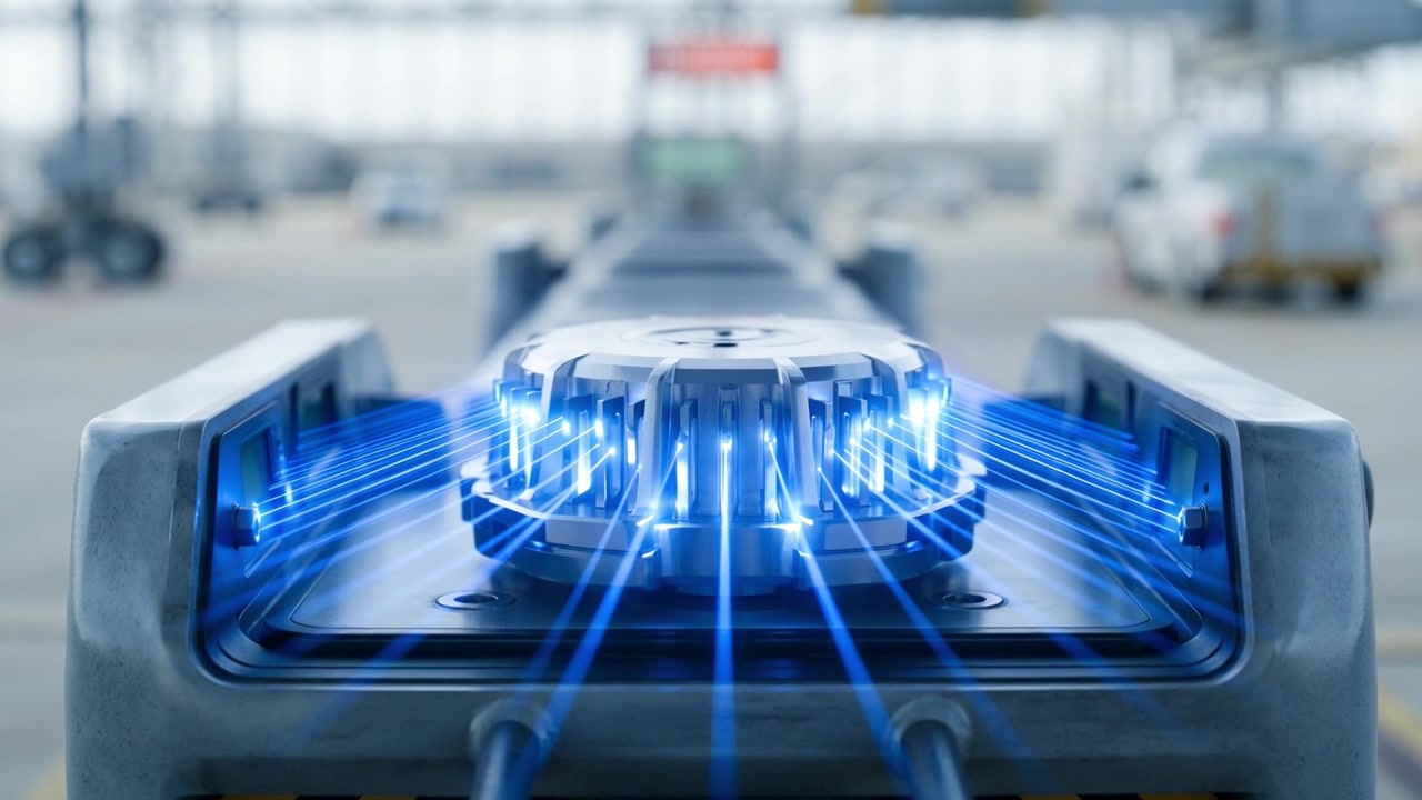 Futuristic Device Emitting Blue Data Beams in Industrial Setting