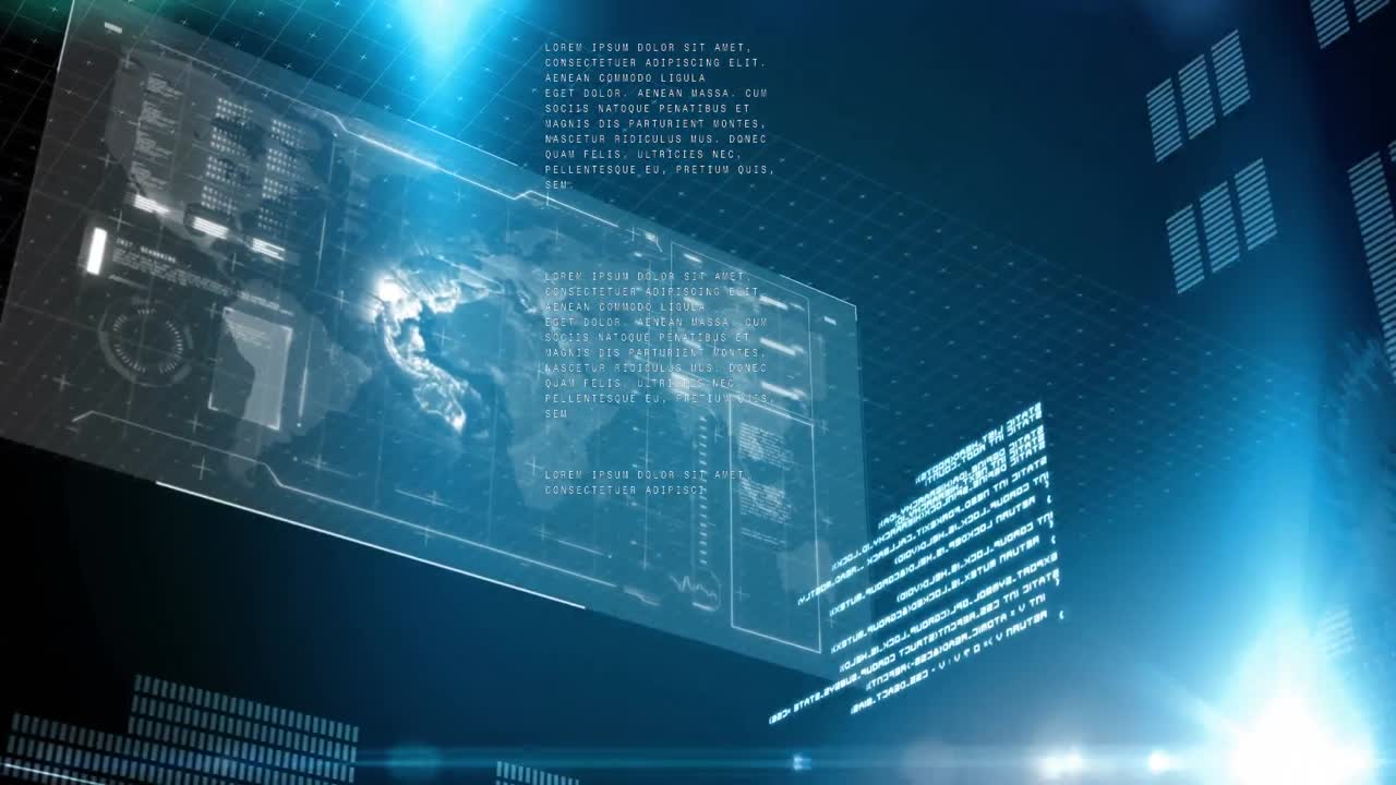 스크린과 빛나는 파란색 불빛 위의 디지털 데이터 처리 애니메이션