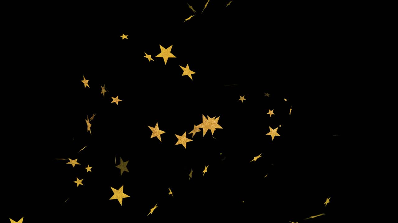 Gold stars drifting on black backdrop, ornament fading in center, stars settling to form motif