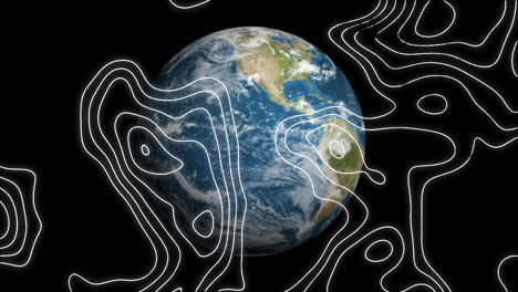 digital animation of topography over spinning globe against black background