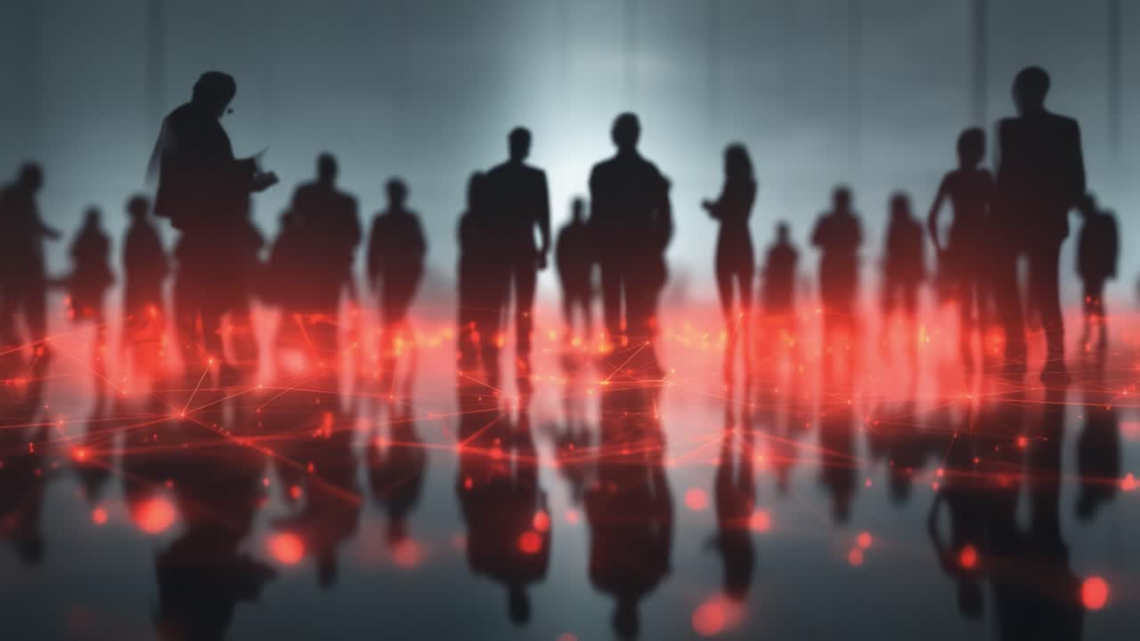 Una scena dinamica ricca di silhouette di persone in piedi su un paesaggio digitale luminoso e interconnesso che irradia un senso di innovazione e connettività in un contesto moderno.