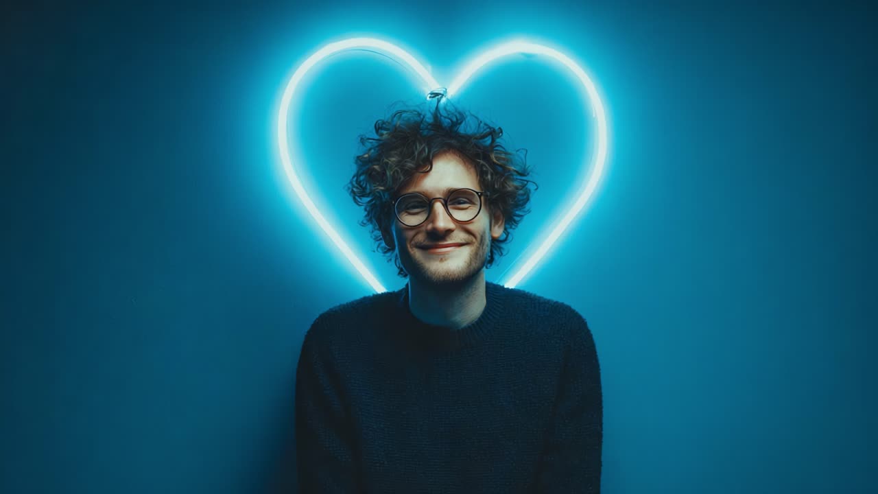 A young man with curly hair and glasses shares a heartfelt moment illuminated by a glowing blue heart in the background, evoking feelings of warmth and joy