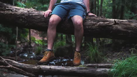 Hiker-taking-a-rest-seated-on-a-fallen-log-over-a-river-in-a-forest,-nature,-outdoors