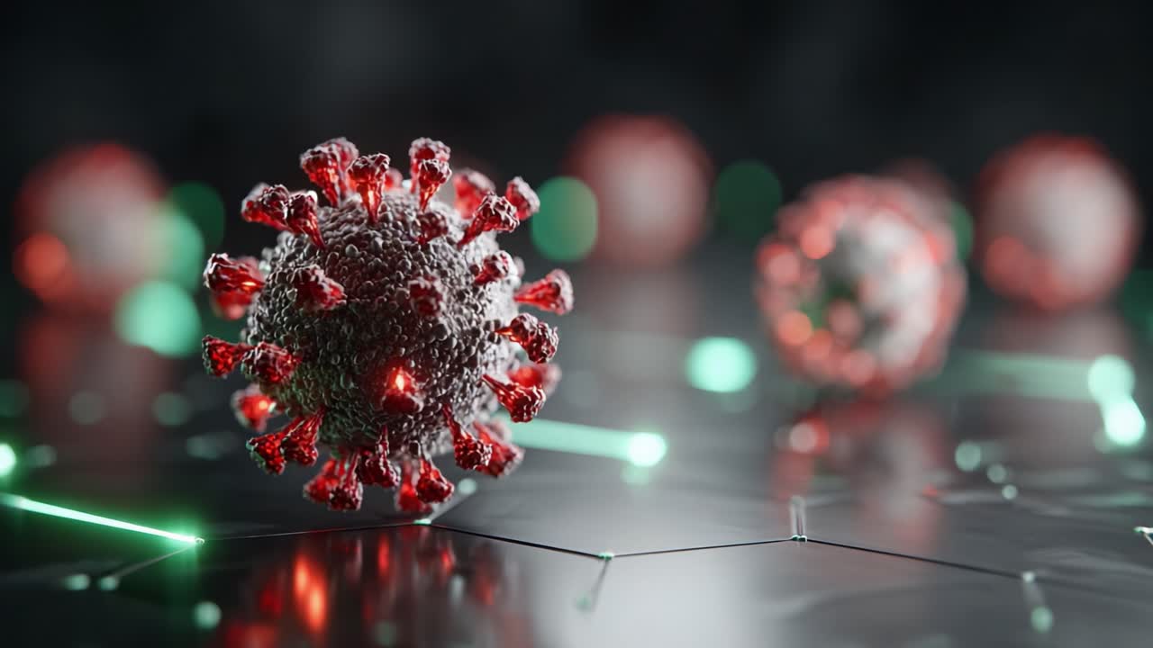 Close-Up Views of Intricate Viral Structures with Red Protrusions and Glowing Green Background, Showcasing the Detailed Features of the Virus in Stunning Clarity