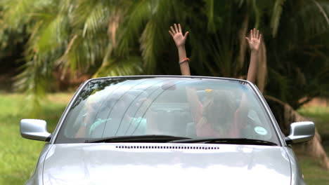 friends dancing and raising up their hands in the car