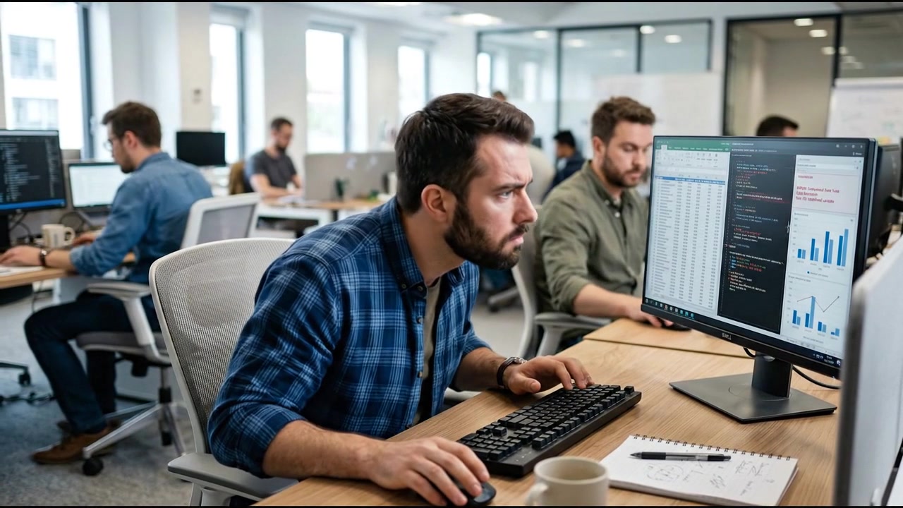 Hombre concentrado trabajando en análisis de datos en una oficina moderna