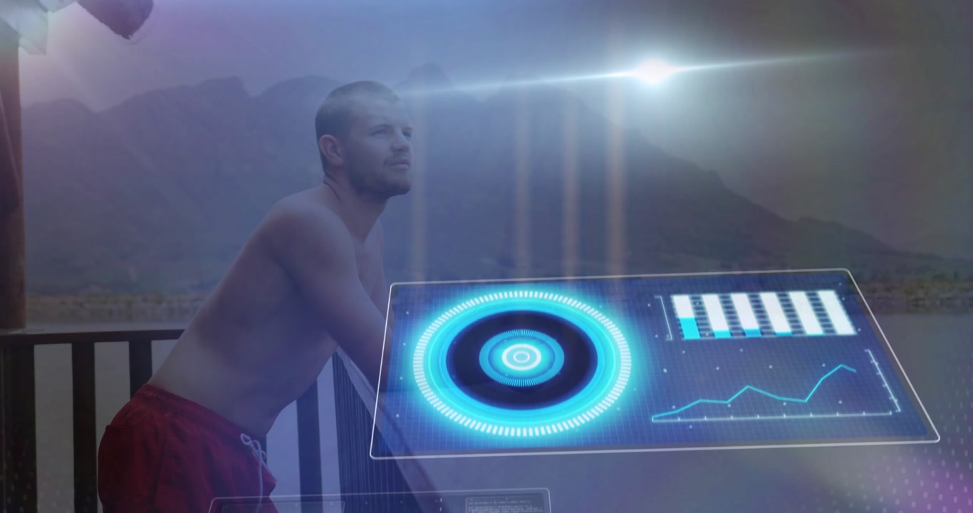 Shirtless man in trunks leaning on rail over lake, tech data panels materializing shifting hands