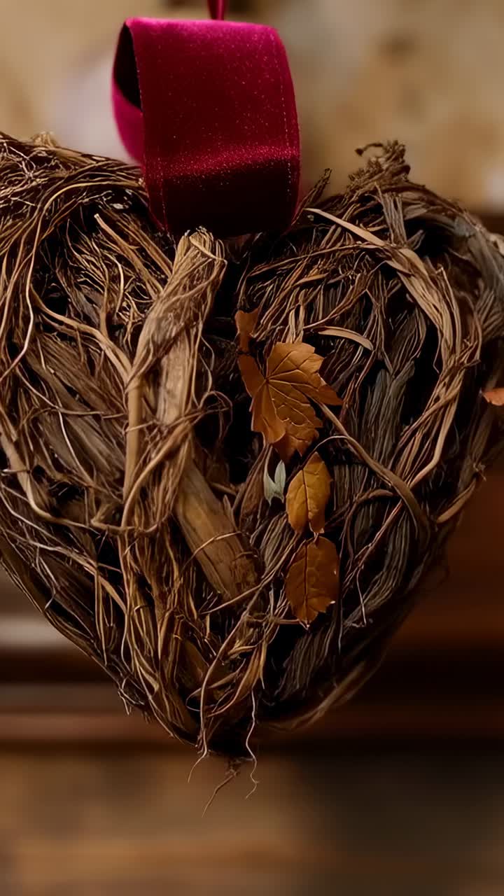 Video verticale: camera in movimento che rivela una ghirlanda a forma di cuore su una parete di legno, con ramoscelli e nastro rosso in evidenza