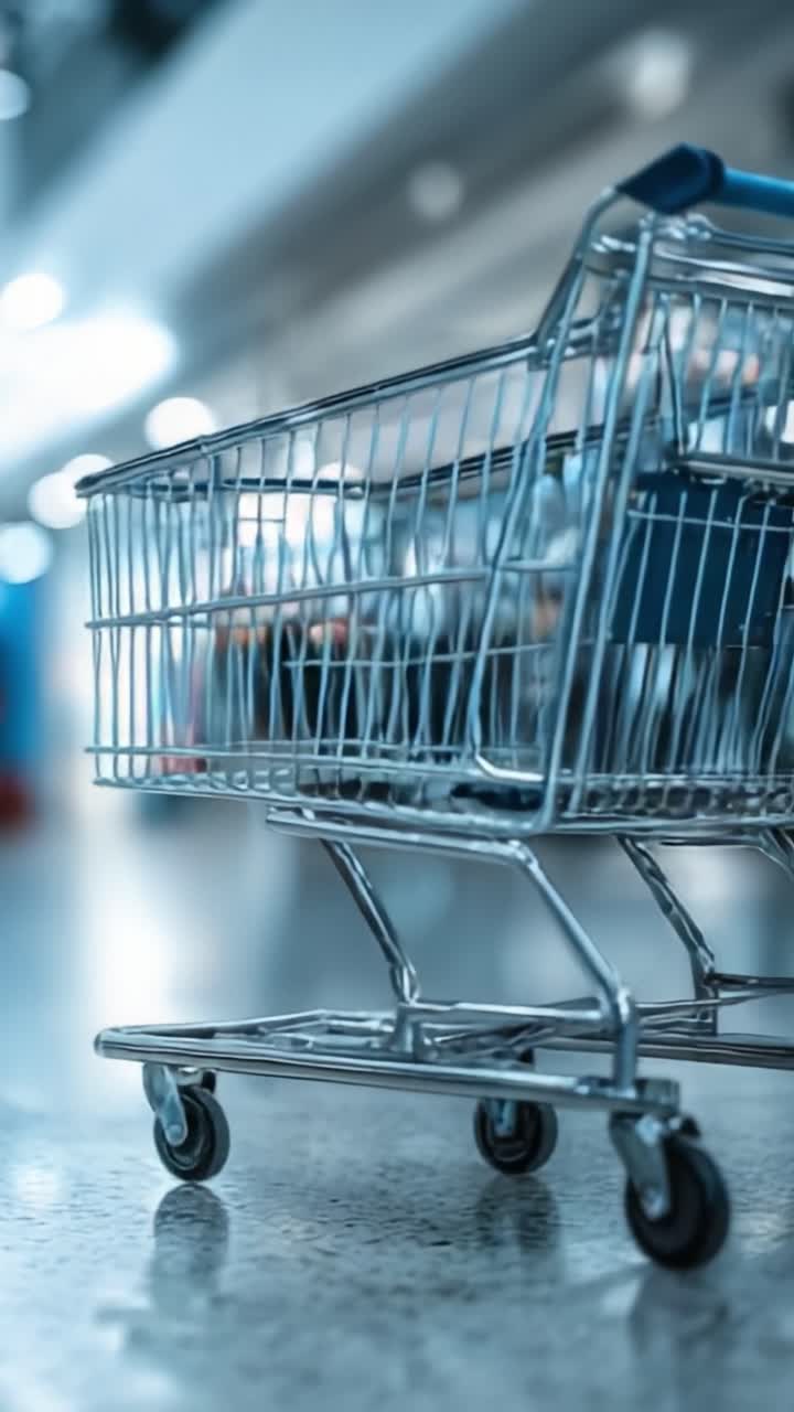Carrello della spesa vuoto su un pavimento lucido in un ambiente commerciale affollato, che mostra un design moderno con uno sfondo sfocato, indicativo dell'attività dei consumatori