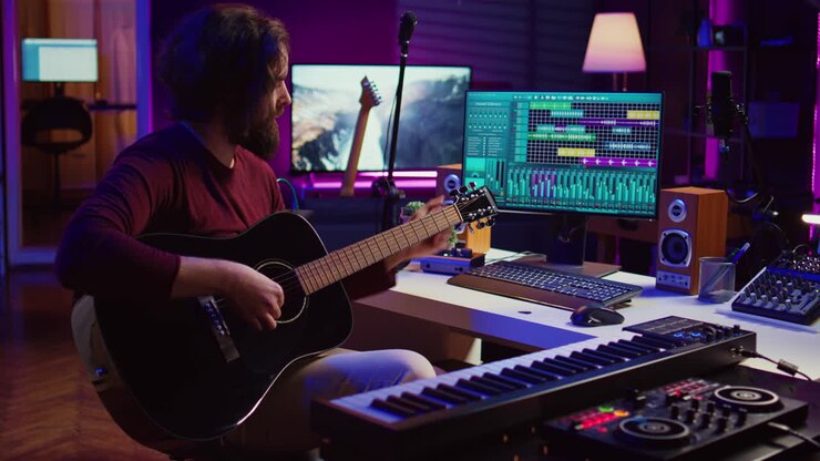 Un musicista che cerca di accordare il suono della sua chitarra in home studio