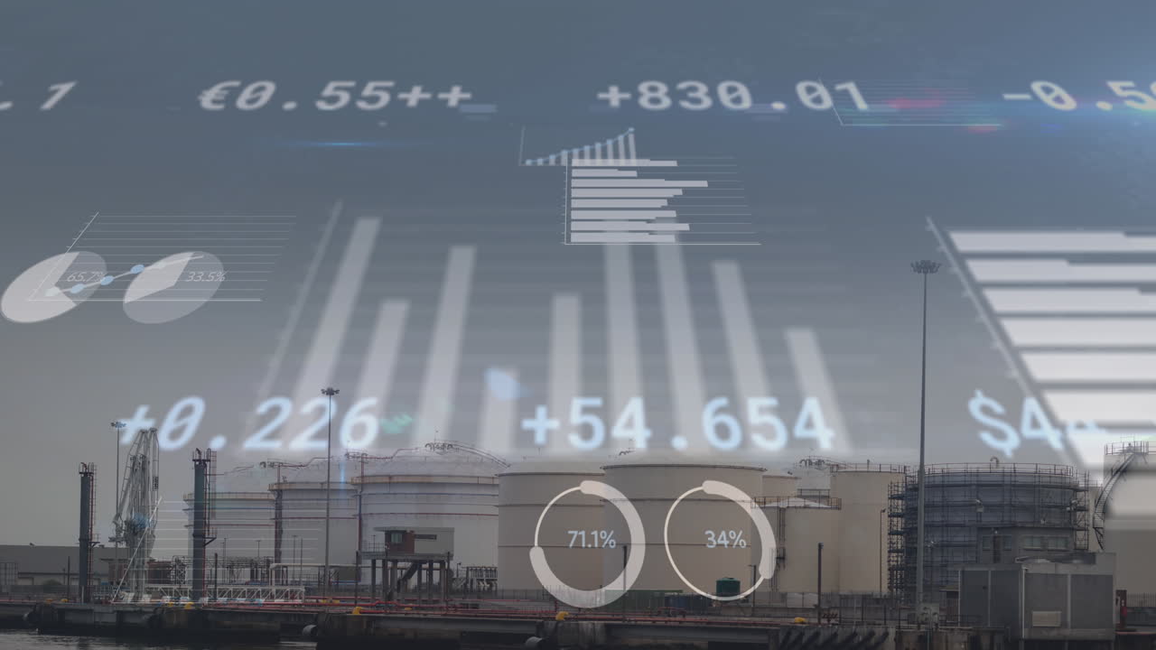 Animation der Finanzdatenverarbeitung über einer Fabrik.