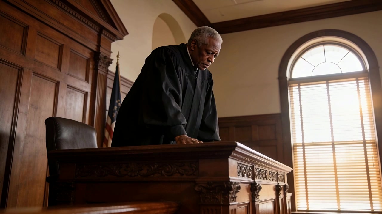 Leaning senior judge in black robe pressing hands on carved bench in courtroom, preparing to speak
