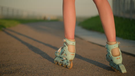 back view of person roller skating on interlocked brick path, wearing teal rollerblades, casting long shadows on ground in golden sunlight, greenery and iron railing are blurred in background