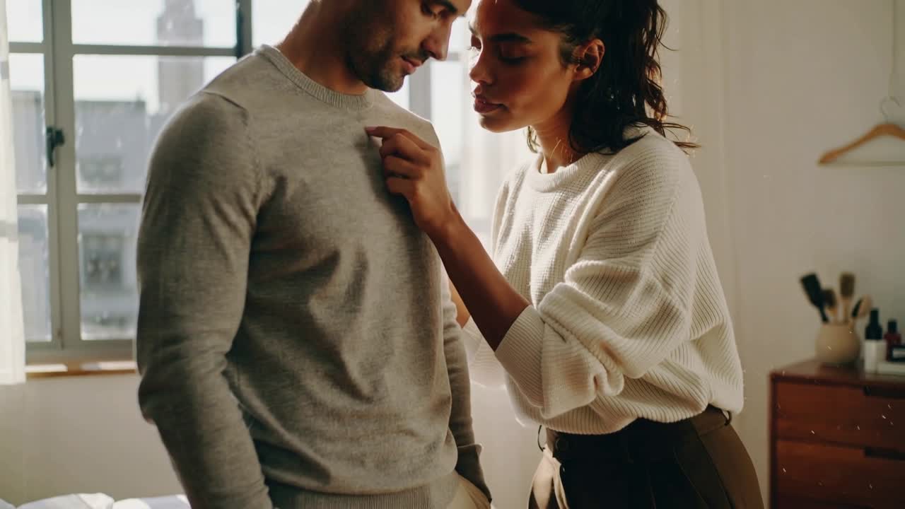 Approaching woman reaching into man's gray sweater, adjusting neckline at bedroom window, dresser