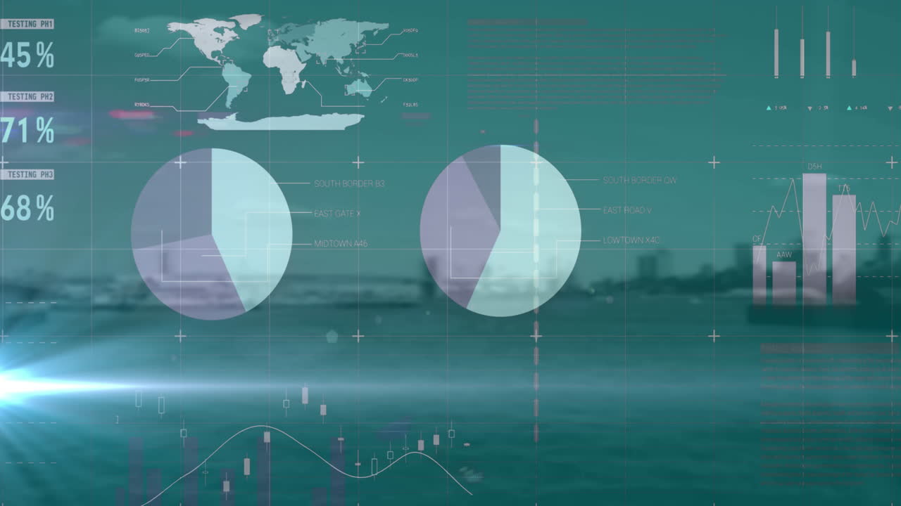 punto de luz sobre el procesamiento de datos financieros y estadísticos contra el paisaje urbano en el fondo