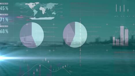 punto de luz sobre el procesamiento de datos financieros y estadísticos contra el paisaje urbano en el fondo