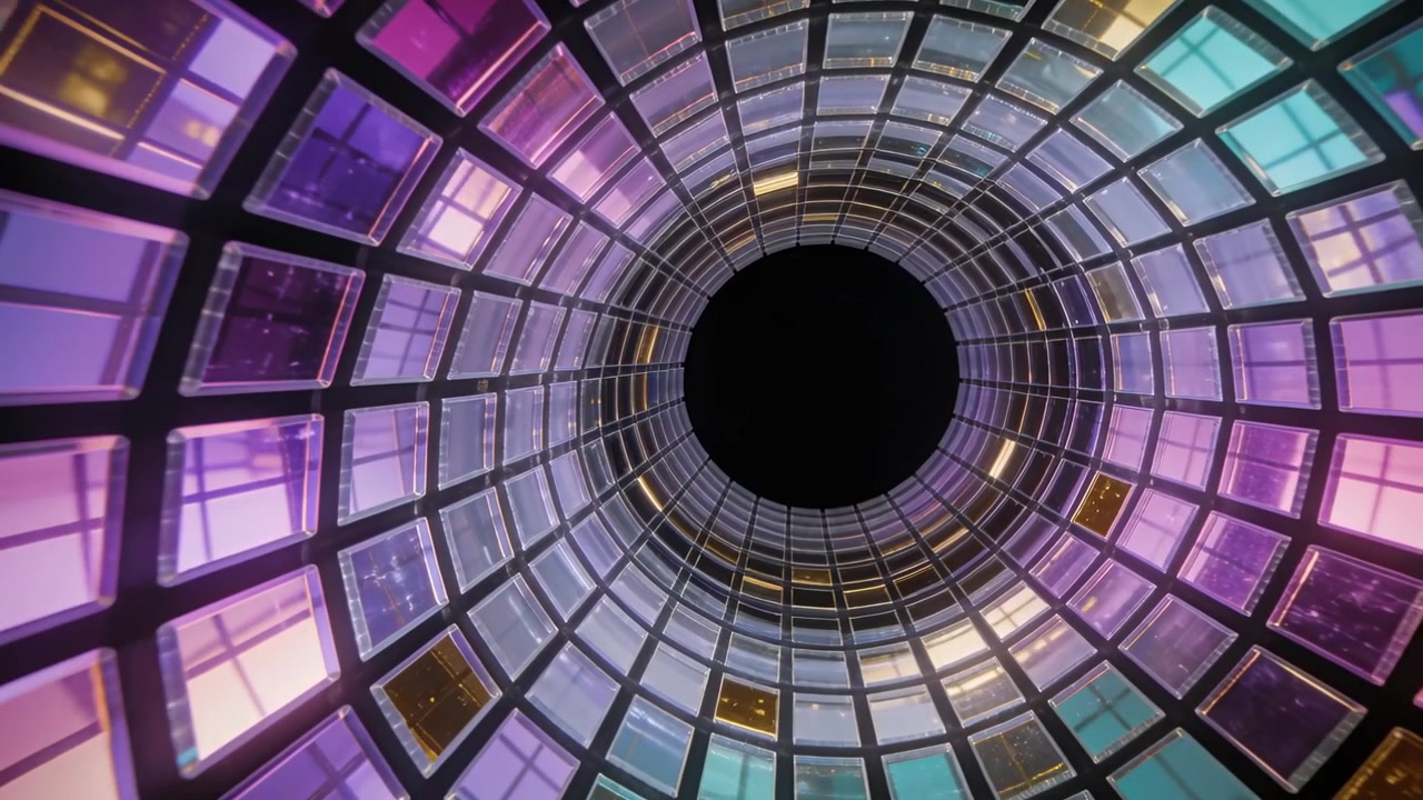 Eine sich drehende runde Glaskuppel, deren farbige Paneele sich für eine Lichtshow im Atrium verändern.