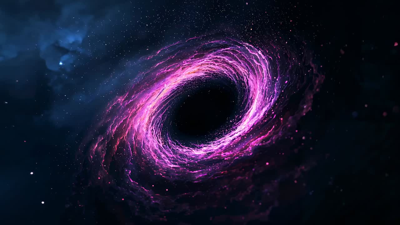 Starting purple ring energy vortex tightening magenta strands in space shedding particles