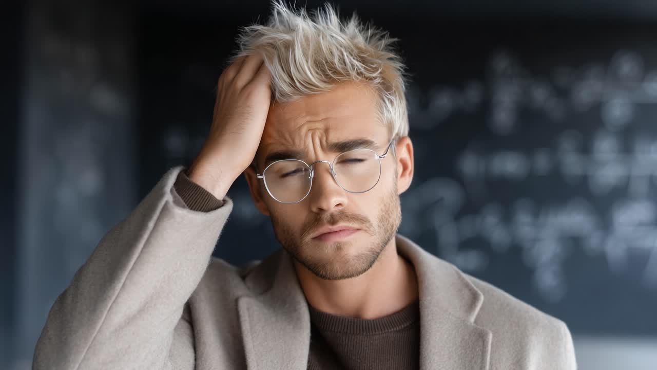 A Thoughtful Young Man with Stylish Hair and Glasses Pondering Deeply, Displaying Intense Emotions and Engaging Body Language in an Educational Setting