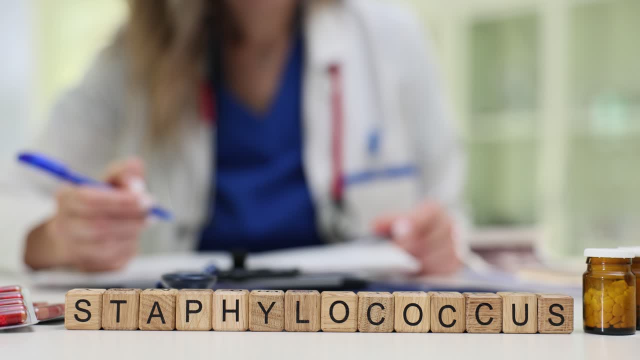 Kata Staphylococcus di Balok dengan Dokter Bekerja di Latar Belakang