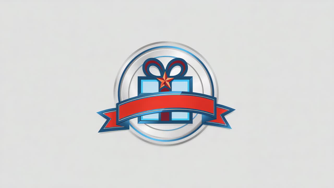 Animating silver medal with blue gift box with red ribbon, forming yellow stars for logo reveal